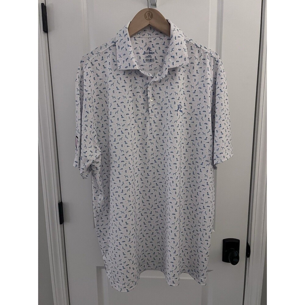Rhoback Dog Print Short Sleeve Polo White Embroidered Patch Size XL EUC